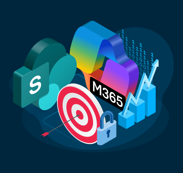 Isometric illustration of Microsoft 365 and Teams elements with a padlock, a dartboard hit in the bullseye and a rising bar chart
